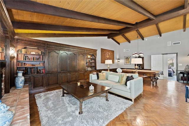 19043 Citronia St, Northridge, CA 91324 - living area featuring a wooden ceiling with exposed beams, a chandelier, and high vaulted ceiling