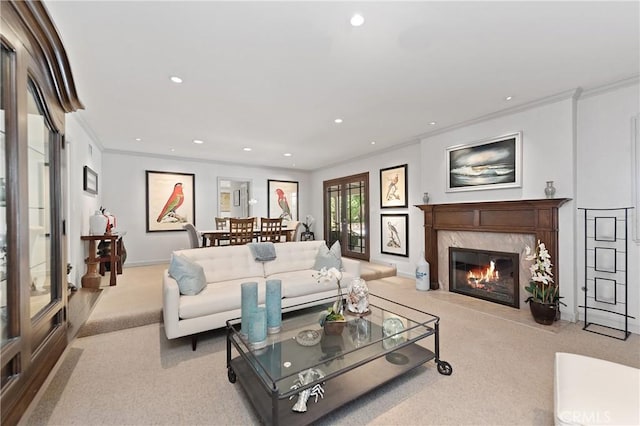 19043 Citronia St, Northridge, CA 91324 - living room with carpet flooring, crown molding, recessed lighting, and a high end fireplace