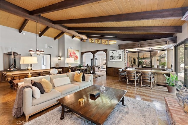 19043 Citronia St, Northridge, CA 91324 - living area with wooden ceiling, a wainscoted wall, and a chandelier