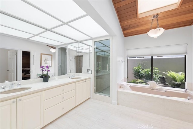 19043 Citronia St, Northridge, CA 91324 - bathroom with a bath, double vanity, and a stall shower