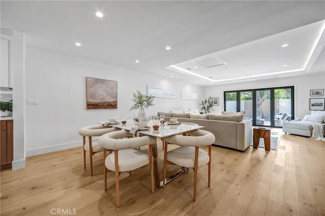 1035 Medford Rd, Pasadena, CA 91107 - dining space with a raised ceiling, light wood finished floors, recessed lighting, and attic access