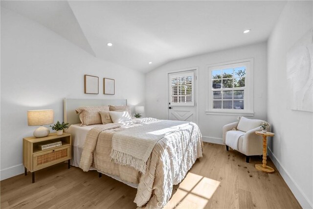 1035 Medford Rd, Pasadena, CA 91107 - bedroom featuring light wood-style floors, lofted ceiling, and recessed lighting