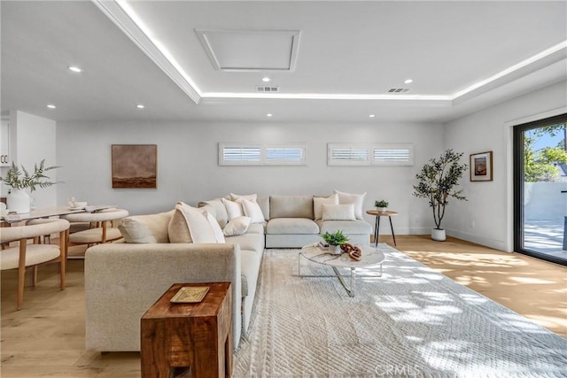 1035 Medford Rd, Pasadena, CA 91107 - living room with a raised ceiling, light wood-style flooring, and recessed lighting