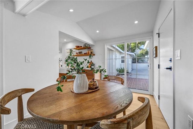 1035 Medford Rd, Pasadena, CA 91107 - dining room featuring light wood-style floors, vaulted ceiling, and recessed lighting