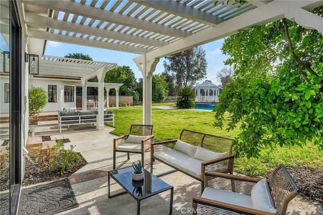 26065 Charing Cross Rd, Valencia, CA 91355 - view of patio / terrace featuring an outdoor living space and a pergola