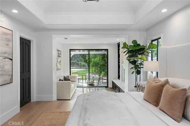 26065 Charing Cross Rd, Valencia, CA 91355 - bedroom with access to exterior, wood finished floors, recessed lighting, baseboards, and crown molding