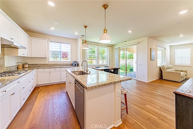 24207 Via Perla, Valencia, CA 91354 - kitchen featuring under cabinet range hood, stainless steel appliances, open floor plan, light wood finished floors, and a sink