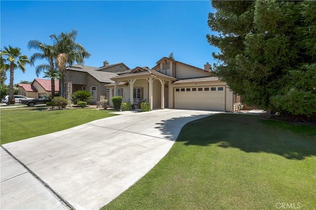 11017 Tipperary Dr, Bakersfield, CA 93311 - view of front of house with stucco siding, an attached garage, a front lawn, and driveway