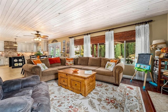 962 Kilmarnock Way, Riverside, CA 92508 - living area with wooden ceiling, a ceiling fan, and light wood-style floors