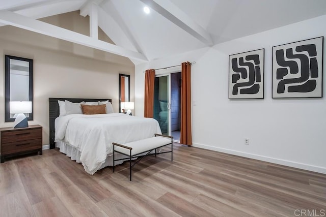 11033 Scripps Ranch Blvd, San Diego, CA 92131 - bedroom with beamed ceiling, baseboards, light wood-type flooring, and high vaulted ceiling