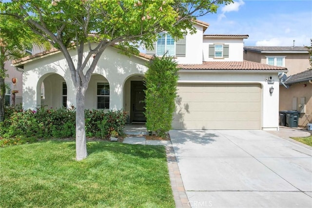 45976 Camino Rubi, Temecula, CA 92592 - mediterranean / spanish home with stucco siding, concrete driveway, a front yard, an attached garage, and a tiled roof