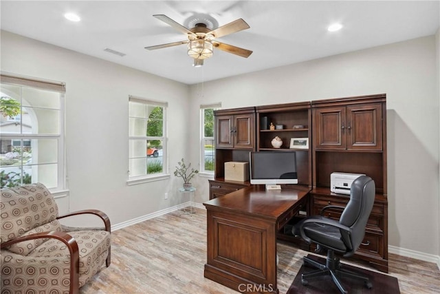 45976 Camino Rubi, Temecula, CA 92592 - office space with a ceiling fan, baseboards, light wood finished floors, and recessed lighting