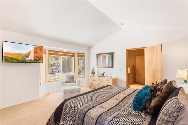 1954 Nob Hill Dr, Running Springs, CA 92382 - bedroom featuring lofted ceiling, light carpet, and baseboards