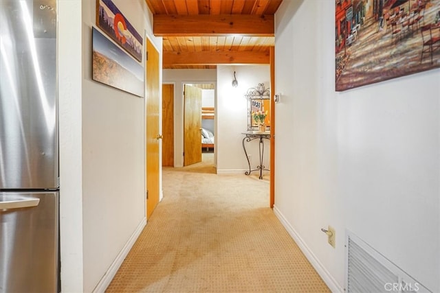 1954 Nob Hill Dr, Running Springs, CA 92382 - hallway featuring wooden ceiling with exposed beams, carpet floors, and baseboards
