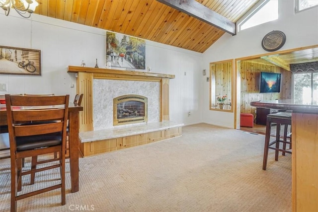 1954 Nob Hill Dr, Running Springs, CA 92382 - carpeted living area featuring wood ceiling with exposed beams, a fireplace, and high vaulted ceiling