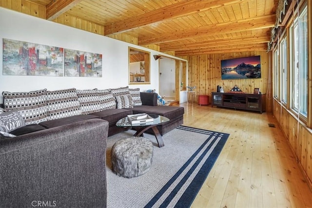 1954 Nob Hill Dr, Running Springs, CA 92382 - living room featuring hardwood / wood-style flooring, wood walls, and wood ceiling with exposed beams