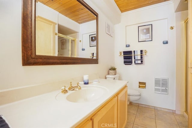 1954 Nob Hill Dr, Running Springs, CA 92382 - full bath featuring wood ceiling, a shower stall, vanity, toilet, and crown molding