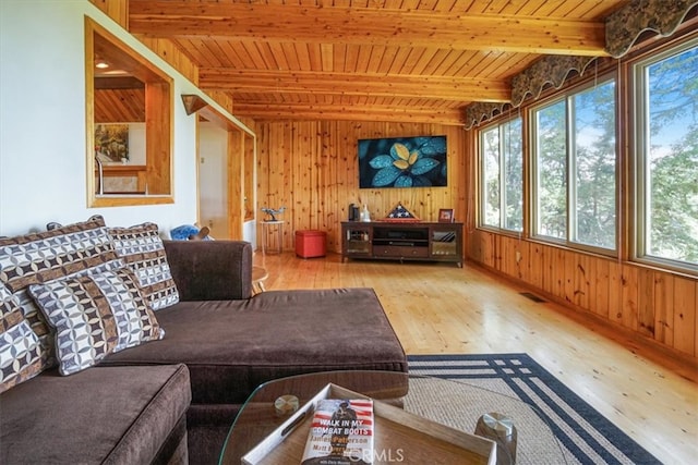 1954 Nob Hill Dr, Running Springs, CA 92382 - living area featuring hardwood / wood-style flooring, wood ceiling with exposed beams, and wood walls