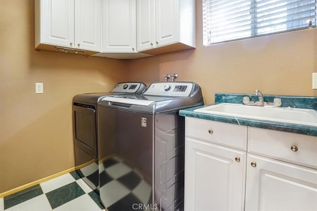 1954 Nob Hill Dr, Running Springs, CA 92382 - laundry area featuring cabinet space, independent washer and dryer, tile patterned floors, and baseboards