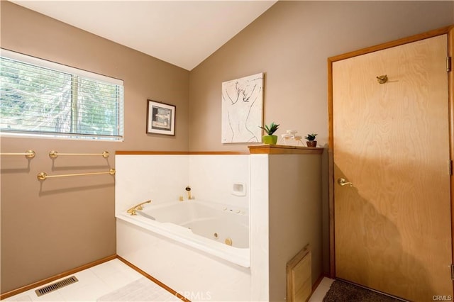 1954 Nob Hill Dr, Running Springs, CA 92382 - full bathroom with lofted ceiling and a whirlpool tub