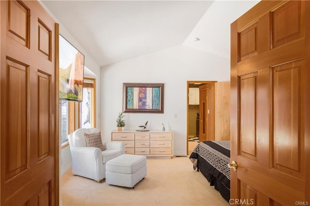 1954 Nob Hill Dr, Running Springs, CA 92382 - bedroom with vaulted ceiling, light colored carpet, and baseboards