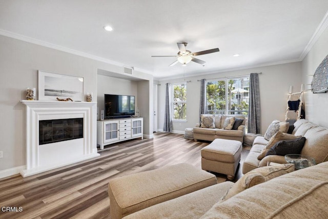 1503 Windshore Way, Oxnard, CA 93035 - living area featuring ornamental molding, ceiling fan, wood finished floors, baseboards, and a glass covered fireplace