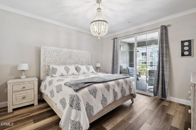 1503 Windshore Way, Oxnard, CA 93035 - bedroom featuring access to exterior, a chandelier, crown molding, wood finished floors, and baseboards