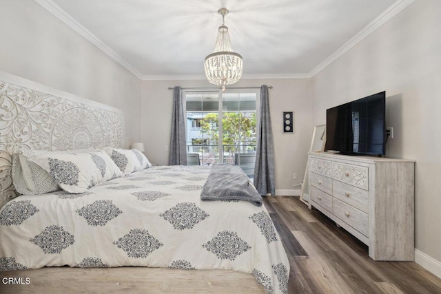 1503 Windshore Way, Oxnard, CA 93035 - bedroom with a chandelier, wood finished floors, baseboards, ornamental molding, and access to exterior