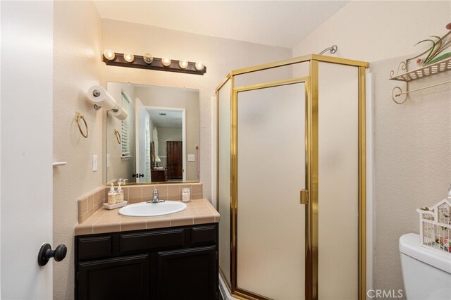 40603 Saddleback Rd, Bass Lake, CA 93604 - full bath with vanity, a stall shower, and toilet