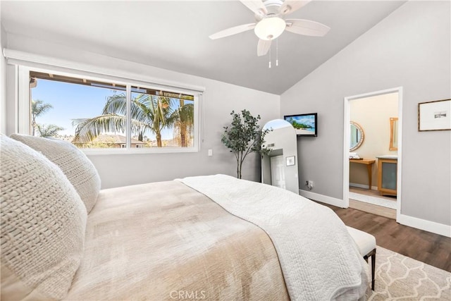 18743 Club Ln, Huntington Beach, CA 92648 - bedroom with wood finished floors, baseboards, a ceiling fan, high vaulted ceiling, and ensuite bath