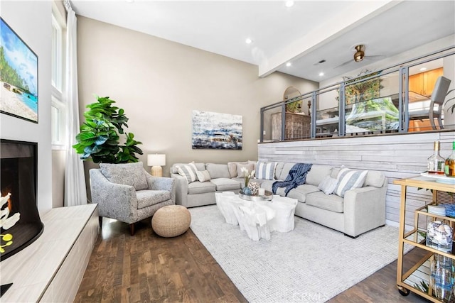 18743 Club Ln, Huntington Beach, CA 92648 - living room featuring dark wood-style floors, ceiling fan, a fireplace with raised hearth, and recessed lighting