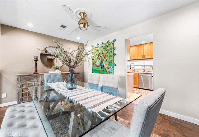 18743 Club Ln, Huntington Beach, CA 92648 - dining room featuring baseboards, ceiling fan, recessed lighting, and wood finished floors