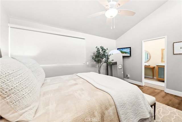 18743 Club Ln, Huntington Beach, CA 92648 - bedroom with wood finished floors, baseboards, ceiling fan, and high vaulted ceiling