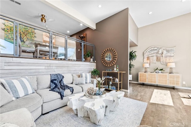 18743 Club Ln, Huntington Beach, CA 92648 - living area featuring wood finished floors, recessed lighting, beam ceiling, and baseboards