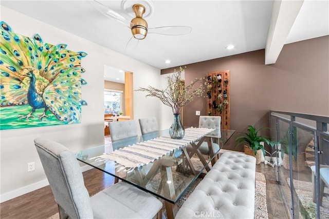 18743 Club Ln, Huntington Beach, CA 92648 - dining space with wood finished floors, a ceiling fan, recessed lighting, and baseboards