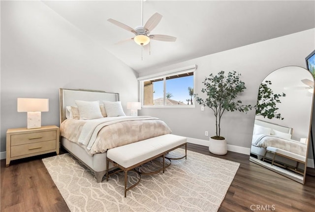 18743 Club Ln, Huntington Beach, CA 92648 - bedroom with vaulted ceiling, baseboards, wood finished floors, and a ceiling fan