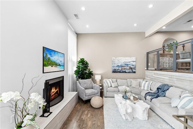 18743 Club Ln, Huntington Beach, CA 92648 - living area with recessed lighting, wood finished floors, and a lit fireplace