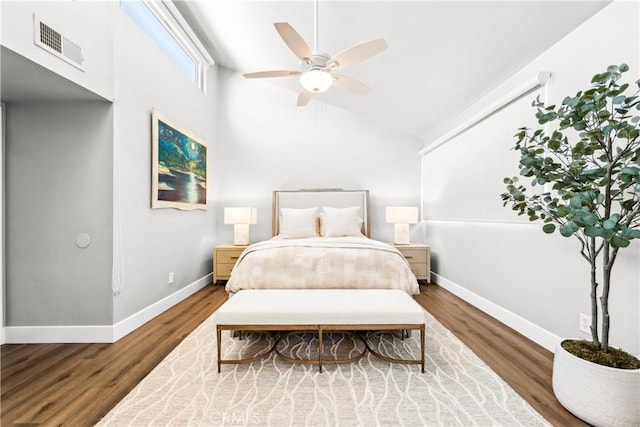 18743 Club Ln, Huntington Beach, CA 92648 - bedroom with baseboards, wood finished floors, lofted ceiling, and a ceiling fan