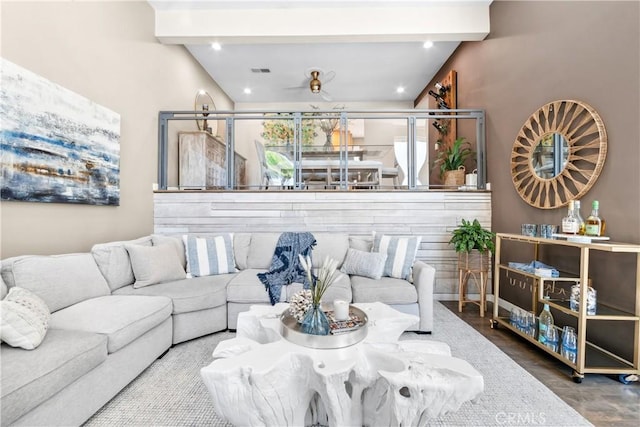 18743 Club Ln, Huntington Beach, CA 92648 - living room with beam ceiling and wood finished floors