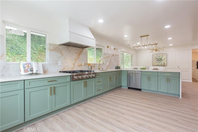 14879 Jadestone Dr, Sherman Oaks, CA 91403 - kitchen featuring appliances with stainless steel finishes, green cabinetry, custom range hood, light wood-style floors, and a sink