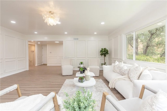 14879 Jadestone Dr, Sherman Oaks, CA 91403 - living room with a decorative wall, ornamental molding, light wood-style floors, and recessed lighting