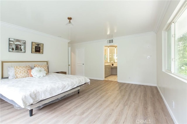 14879 Jadestone Dr, Sherman Oaks, CA 91403 - bedroom with crown molding, light wood-style floors, baseboards, and connected bathroom