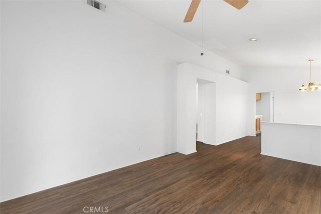 28265 Valombrosa Dr, Menifee, CA 92584 - unfurnished living room with dark wood finished floors, a chandelier, and ceiling fan