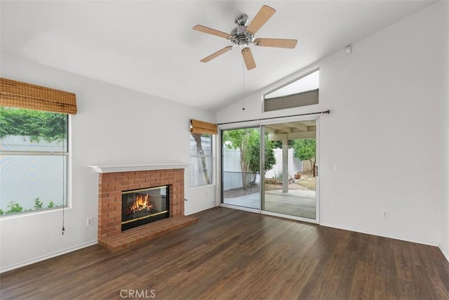 28265 Valombrosa Dr, Menifee, CA 92584 - unfurnished living room featuring wood finished floors, a fireplace, lofted ceiling, and a ceiling fan
