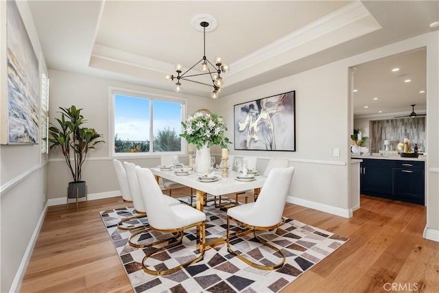 18762 Pimlico, Yorba Linda, CA 92886 - dining room with light wood finished floors, a tray ceiling, a chandelier, crown molding, and recessed lighting