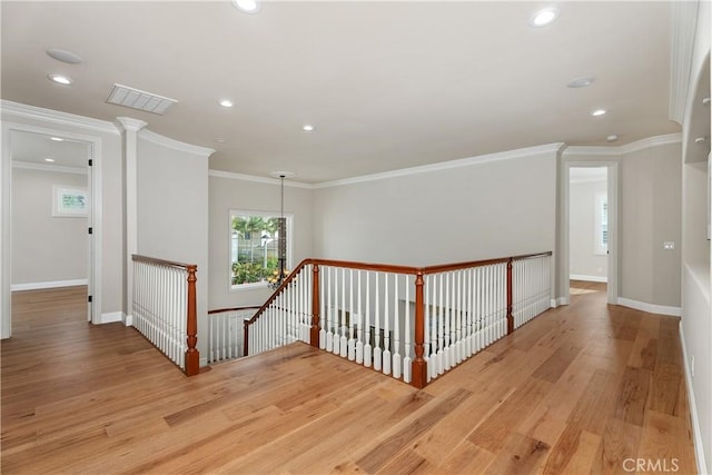 18762 Pimlico, Yorba Linda, CA 92886 - hallway featuring an upstairs landing, recessed lighting, light wood finished floors, baseboards, and ornamental molding