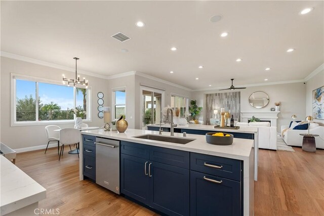 18762 Pimlico, Yorba Linda, CA 92886 - kitchen featuring stainless steel dishwasher, a sink, open floor plan, light wood finished floors, and plenty of natural light