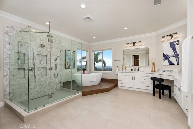 18762 Pimlico, Yorba Linda, CA 92886 - bathroom with a soaking tub, vanity, a stall shower, crown molding, and tile patterned flooring