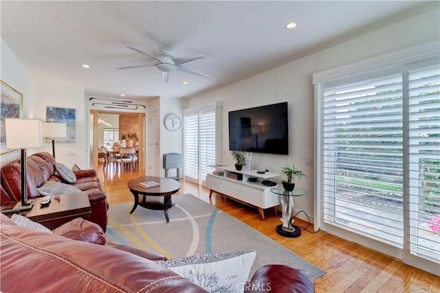 3521 Bahia Blanca W Unit C, Laguna Woods, CA 92637 - living room featuring ceiling fan, light wood finished floors, and recessed lighting