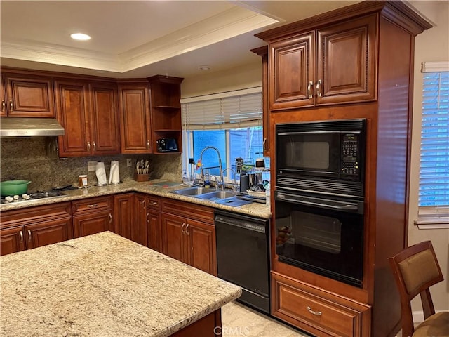 1808 Via Entrada, Rowland Heights, CA 91748 - kitchen with black appliances, under cabinet range hood, a sink, tasteful backsplash, and ornamental molding